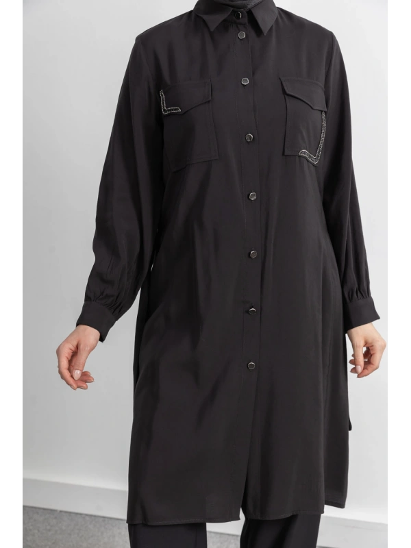 CEPLERİ TAŞ DETAYLI KUŞAKLI ARABOY - SİYAH