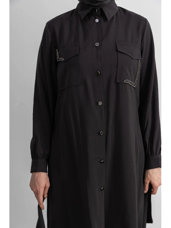 CEPLERİ TAŞ DETAYLI KUŞAKLI ARABOY - SİYAH