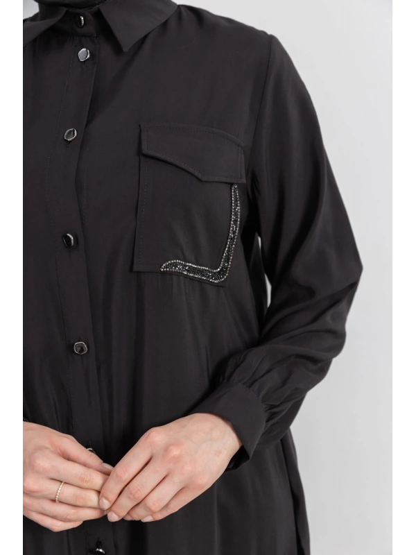 CEPLERİ TAŞ DETAYLI KUŞAKLI ARABOY - SİYAH