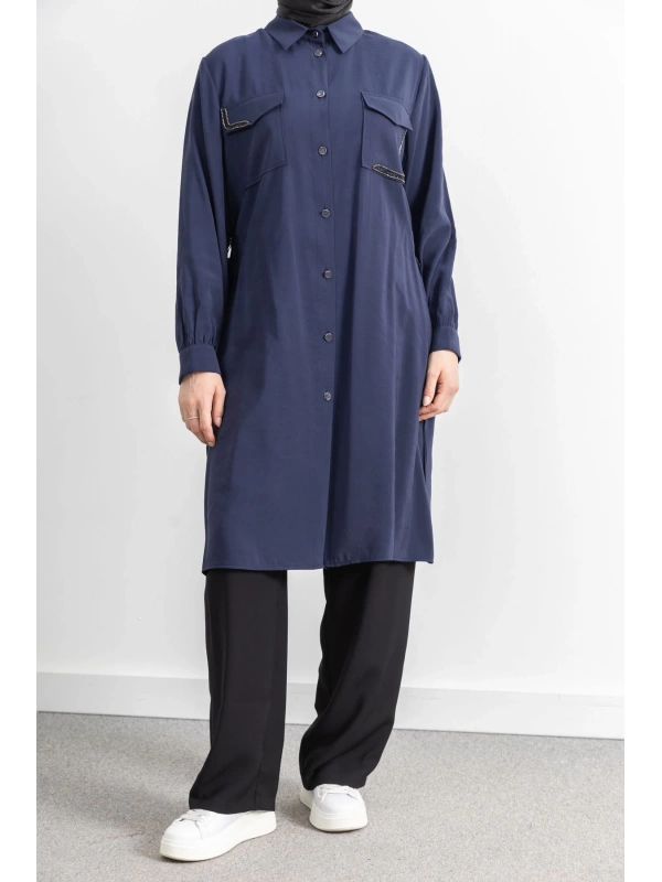 CEPLERİ TAŞ DETAYLI KUŞAKLI ARABOY - LACİVERT