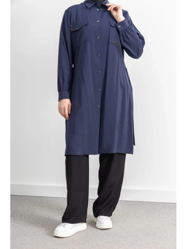 CEPLERİ TAŞ DETAYLI KUŞAKLI ARABOY - LACİVERT