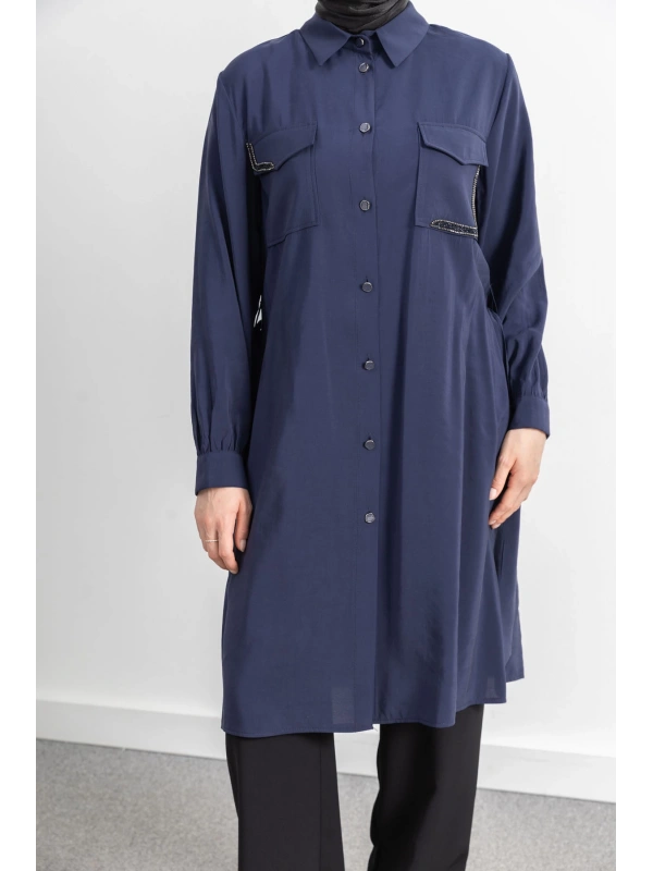 CEPLERİ TAŞ DETAYLI KUŞAKLI ARABOY - LACİVERT