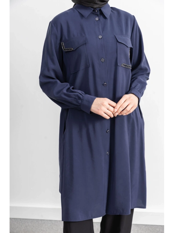 CEPLERİ TAŞ DETAYLI KUŞAKLI ARABOY - LACİVERT