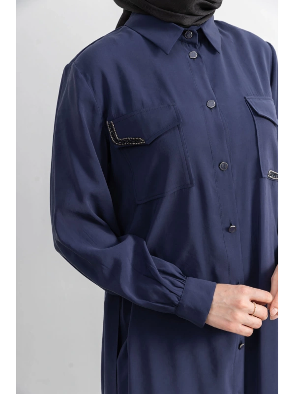 CEPLERİ TAŞ DETAYLI KUŞAKLI ARABOY - LACİVERT