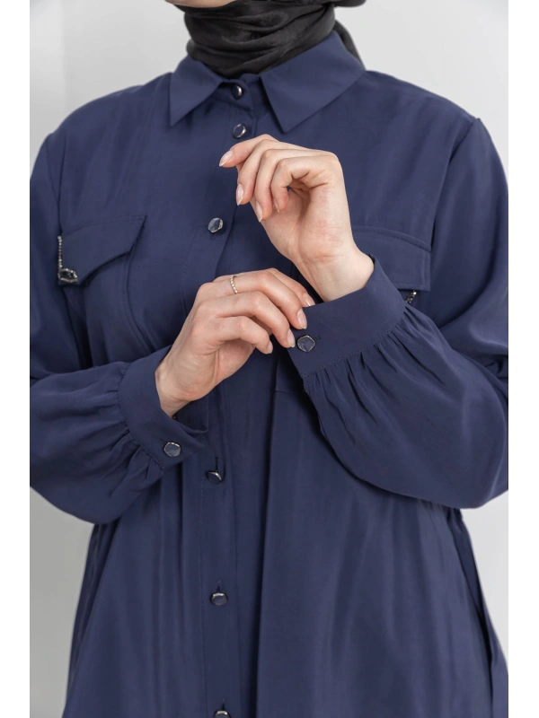 CEPLERİ TAŞ DETAYLI KUŞAKLI ARABOY - LACİVERT