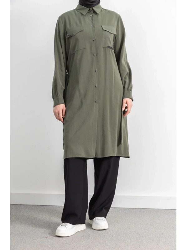 CEPLERİ TAŞ DETAYLI KUŞAKLI ARABOY - HAKİ