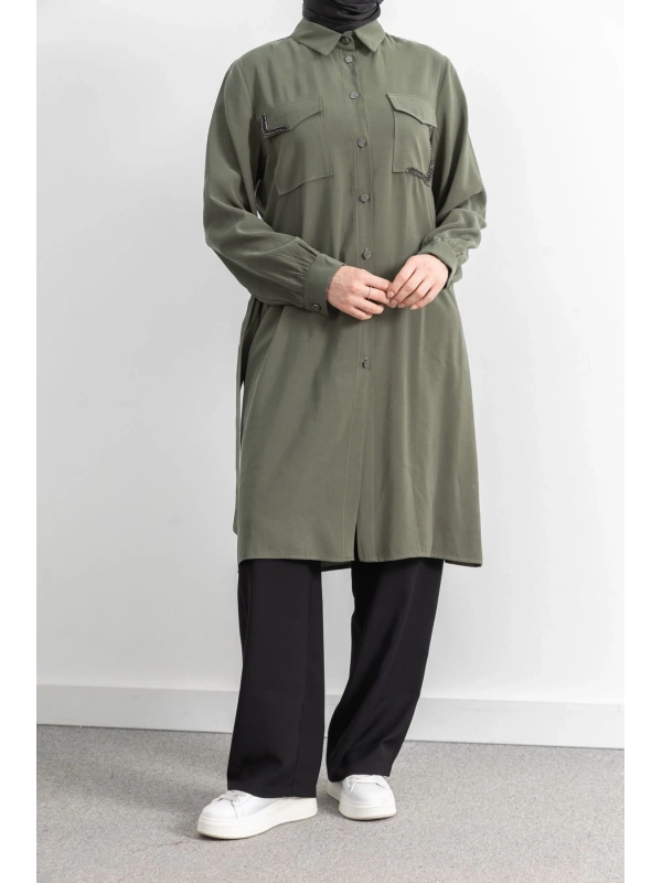 CEPLERİ TAŞ DETAYLI KUŞAKLI ARABOY - HAKİ