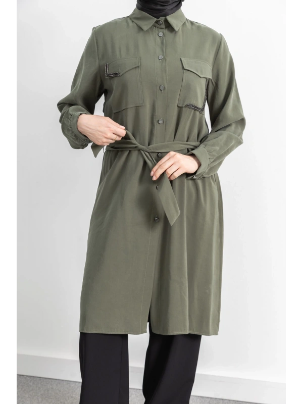 CEPLERİ TAŞ DETAYLI KUŞAKLI ARABOY - HAKİ