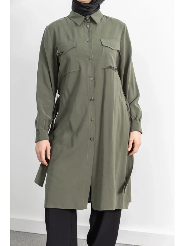 CEPLERİ TAŞ DETAYLI KUŞAKLI ARABOY - HAKİ