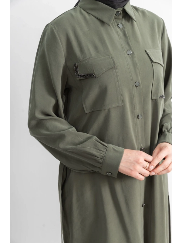 CEPLERİ TAŞ DETAYLI KUŞAKLI ARABOY - HAKİ