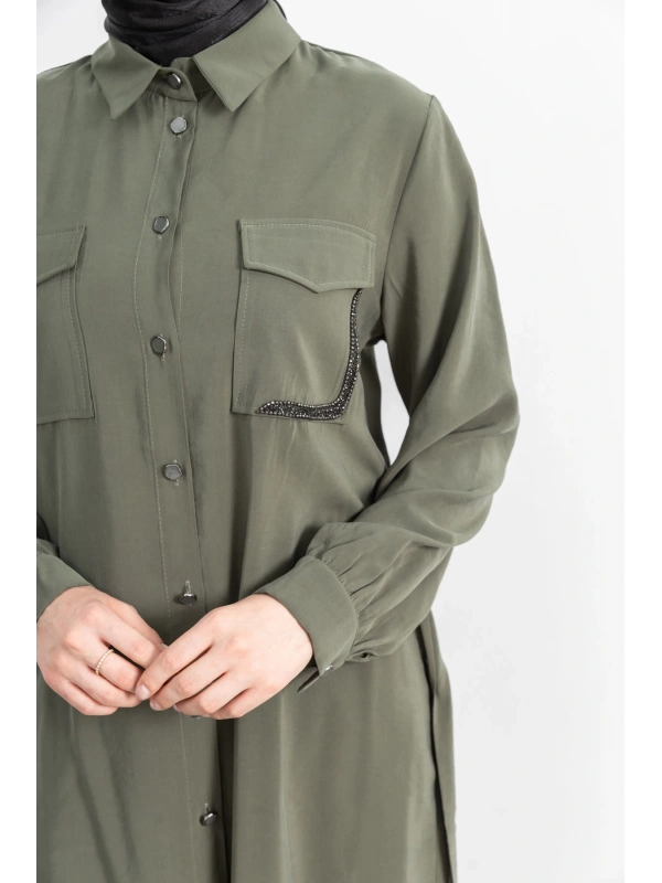 CEPLERİ TAŞ DETAYLI KUŞAKLI ARABOY - HAKİ