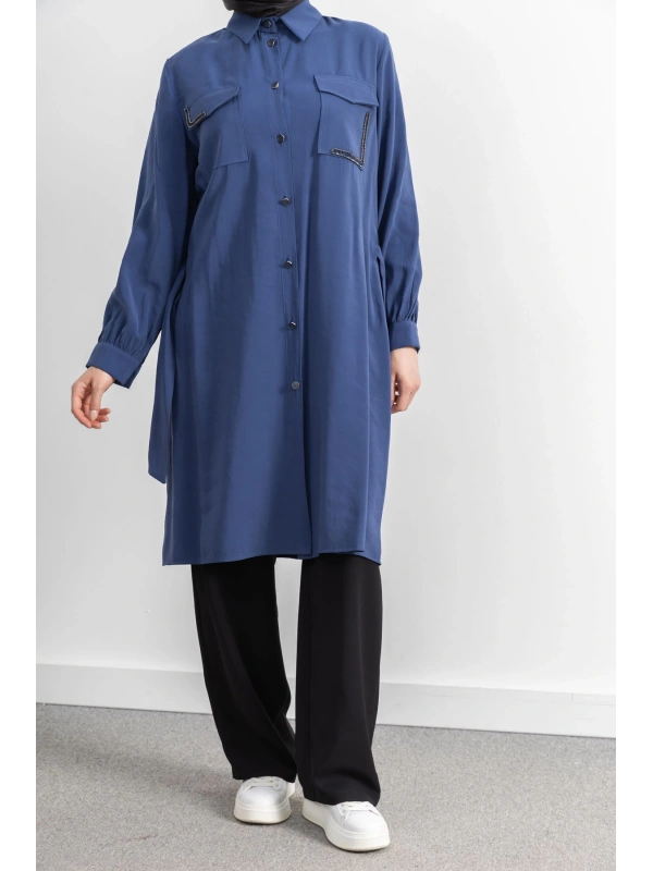 CEPLERİ TAŞ DETAYLI KUŞAKLI ARABOY - İNDİGO