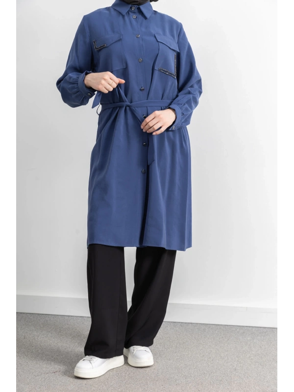 CEPLERİ TAŞ DETAYLI KUŞAKLI ARABOY - İNDİGO