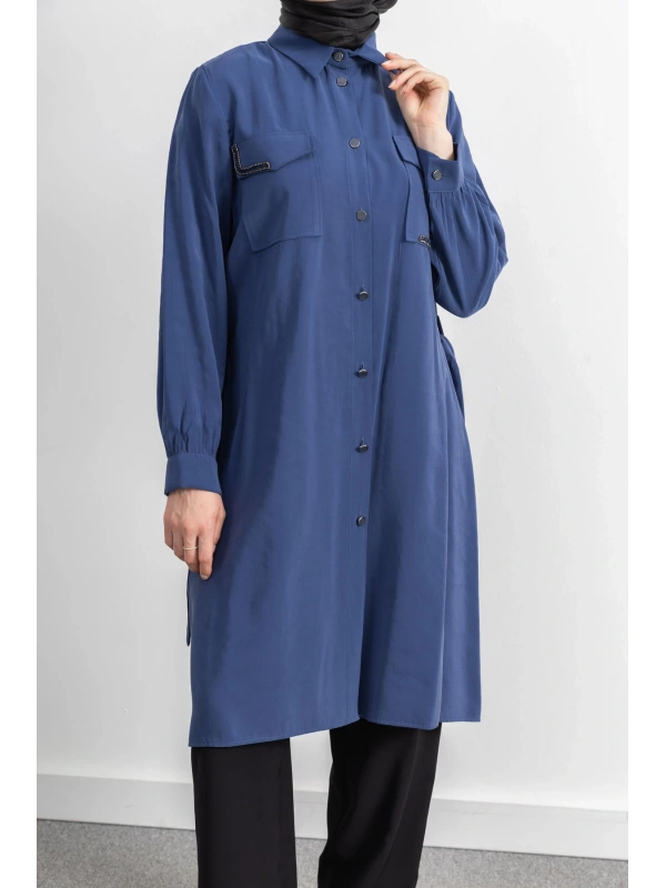 CEPLERİ TAŞ DETAYLI KUŞAKLI ARABOY - İNDİGO