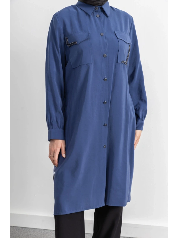 CEPLERİ TAŞ DETAYLI KUŞAKLI ARABOY - İNDİGO