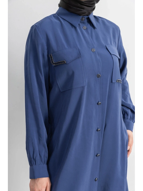 CEPLERİ TAŞ DETAYLI KUŞAKLI ARABOY - İNDİGO