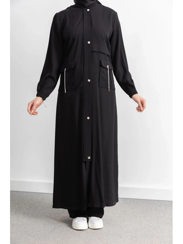 ÇIT ÇIT DETAYLI DİK YAKA SPOR FERACE - SİYAH