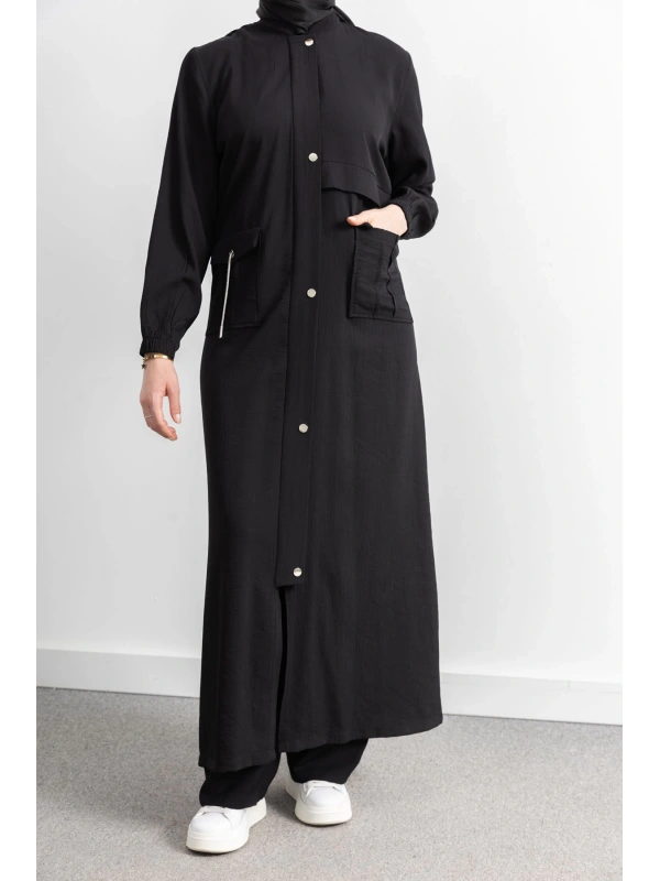 ÇIT ÇIT DETAYLI DİK YAKA SPOR FERACE - SİYAH