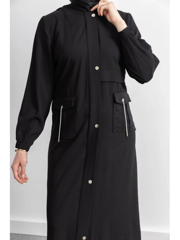 ÇIT ÇIT DETAYLI DİK YAKA SPOR FERACE - SİYAH