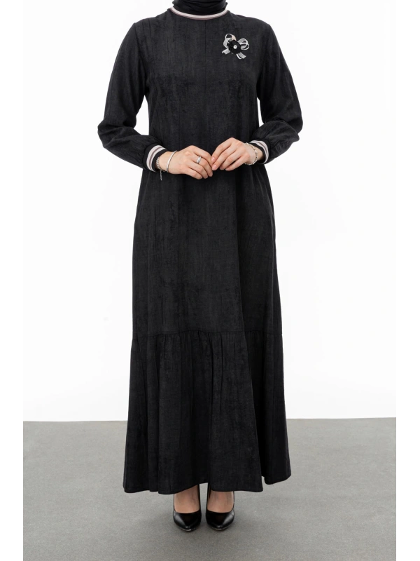 RİBANALI ETEĞİ BÜZGÜLÜ ELBİSE - SİYAH