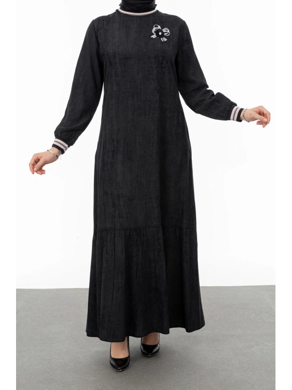 RİBANALI ETEĞİ BÜZGÜLÜ ELBİSE - SİYAH