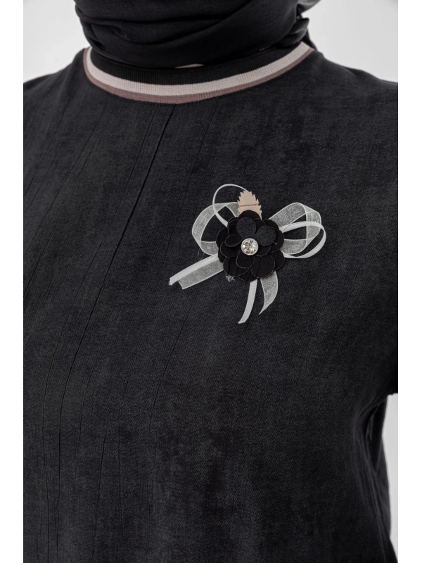 RİBANALI ETEĞİ BÜZGÜLÜ ELBİSE - SİYAH