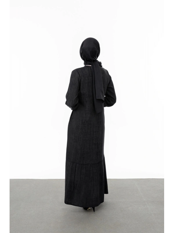 RİBANALI ETEĞİ BÜZGÜLÜ ELBİSE - SİYAH