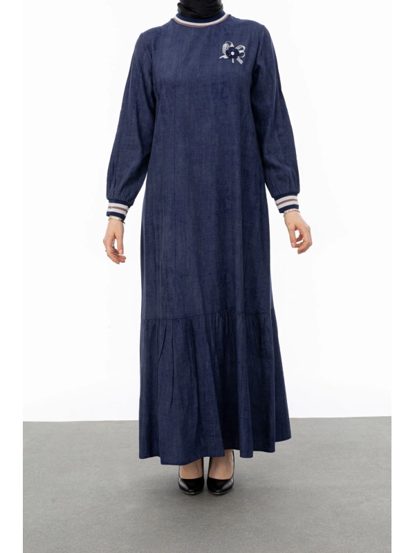 RİBANALI ETEĞİ BÜZGÜLÜ ELBİSE - LACİVERT