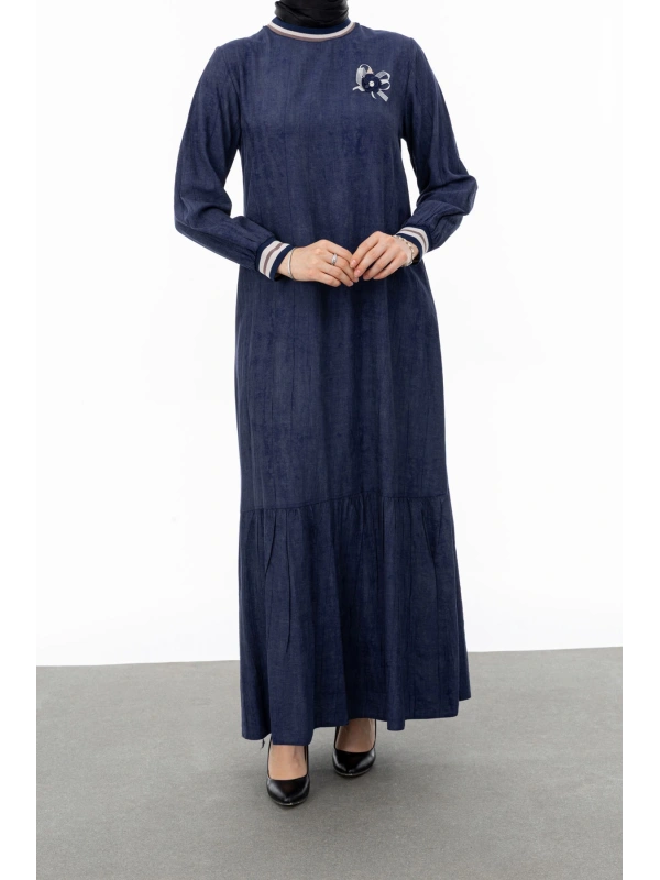 RİBANALI ETEĞİ BÜZGÜLÜ ELBİSE - LACİVERT