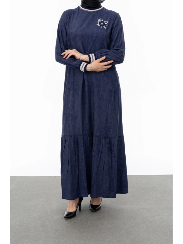 RİBANALI ETEĞİ BÜZGÜLÜ ELBİSE - LACİVERT