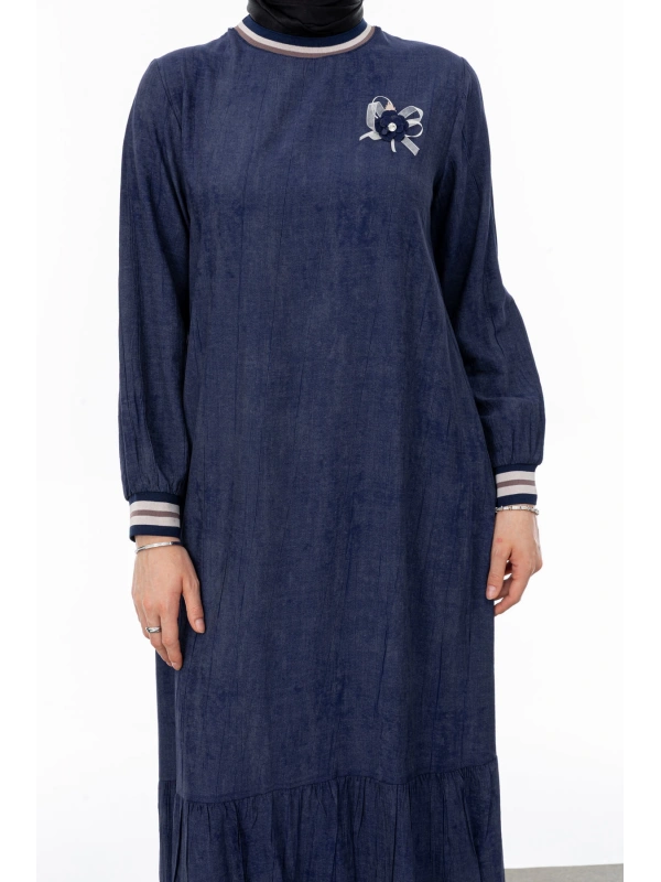 RİBANALI ETEĞİ BÜZGÜLÜ ELBİSE - LACİVERT