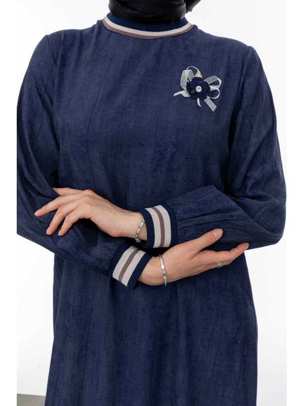 RİBANALI ETEĞİ BÜZGÜLÜ ELBİSE - LACİVERT