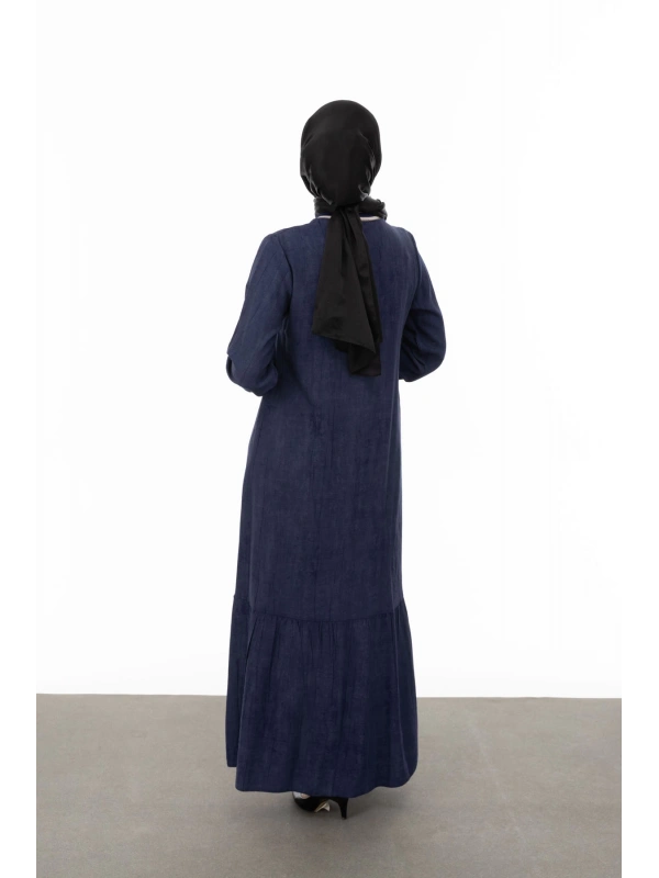 RİBANALI ETEĞİ BÜZGÜLÜ ELBİSE - LACİVERT