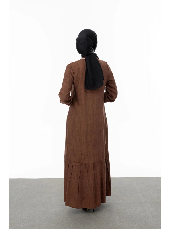 RİBANALI ETEĞİ BÜZGÜLÜ ELBİSE - KAHVE