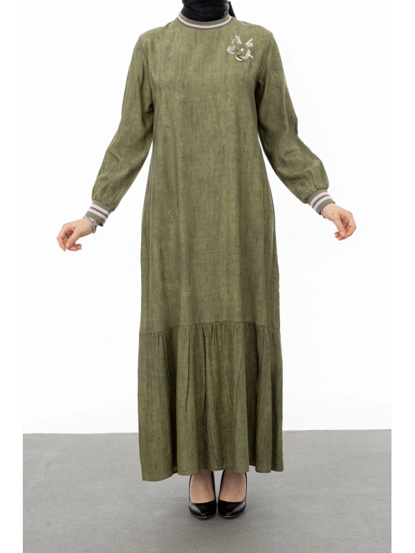 RİBANALI ETEĞİ BÜZGÜLÜ ELBİSE - HAKİ