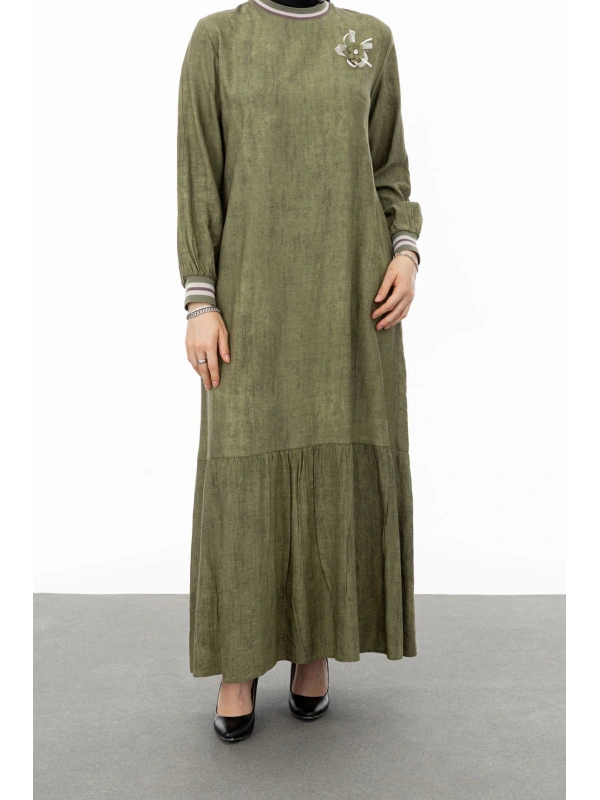 RİBANALI ETEĞİ BÜZGÜLÜ ELBİSE - HAKİ