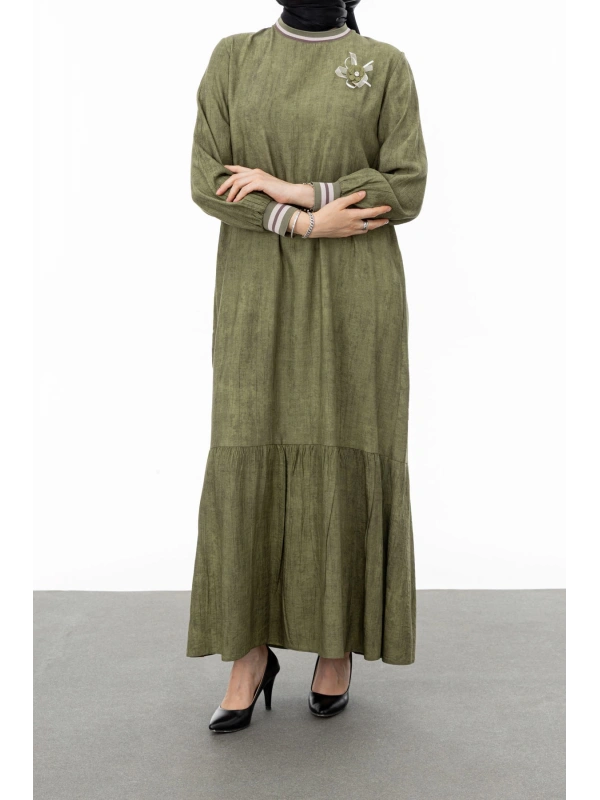 RİBANALI ETEĞİ BÜZGÜLÜ ELBİSE - HAKİ