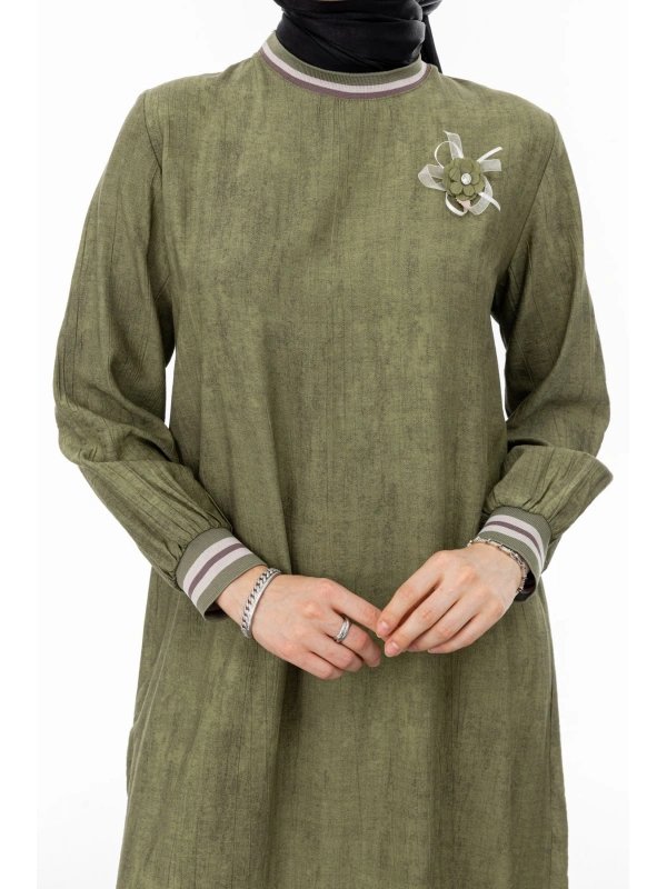 RİBANALI ETEĞİ BÜZGÜLÜ ELBİSE - HAKİ