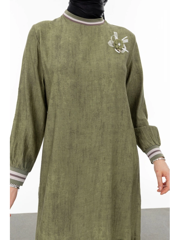 RİBANALI ETEĞİ BÜZGÜLÜ ELBİSE - HAKİ