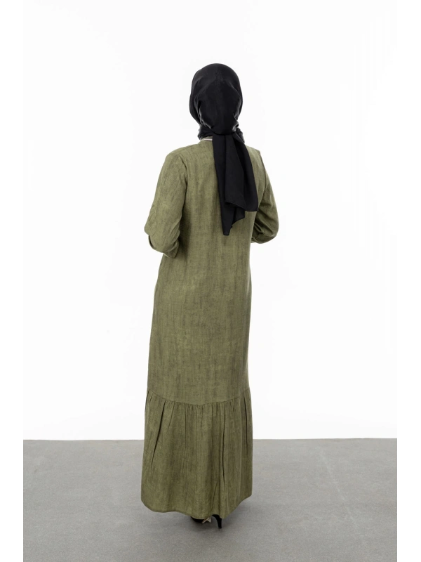 RİBANALI ETEĞİ BÜZGÜLÜ ELBİSE - HAKİ