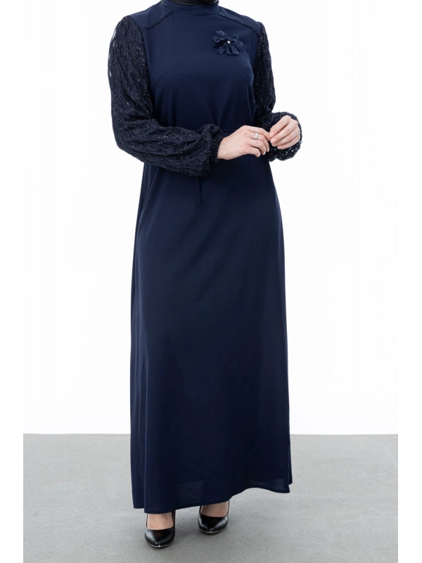 GARNİ KUMAŞLI BROŞLU ELBİSE - LACİVERT