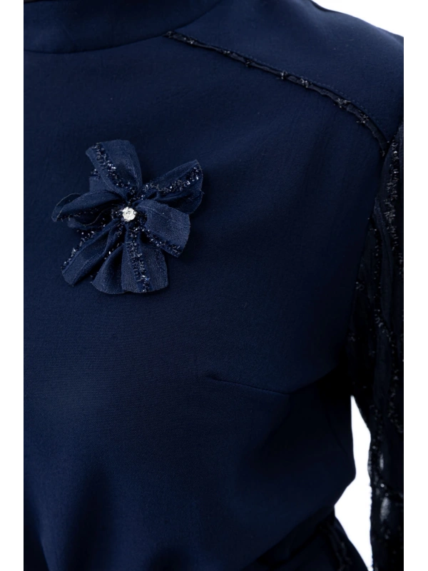 GARNİ KUMAŞLI BROŞLU ELBİSE - LACİVERT