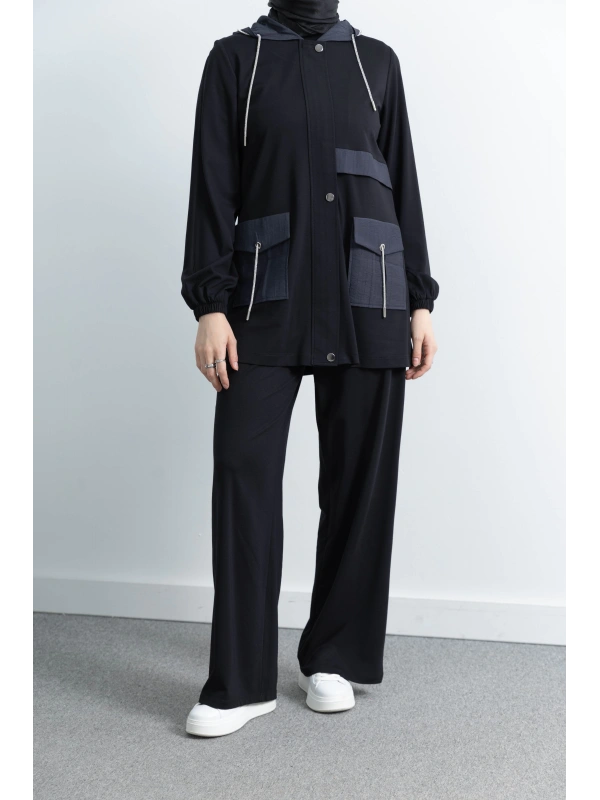 GARNİ KUMAŞLI ALLERLİ PANTOLON TAKIM - SİYAH