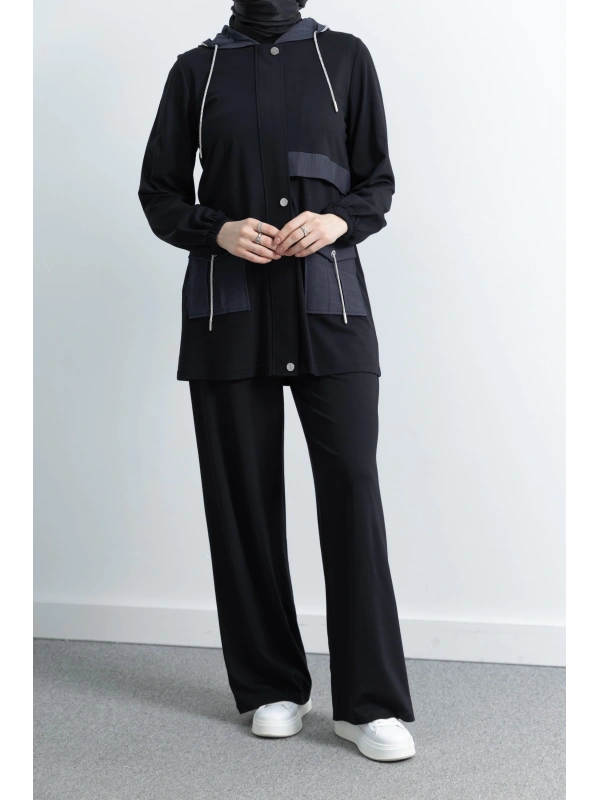 GARNİ KUMAŞLI ALLERLİ PANTOLON TAKIM - SİYAH