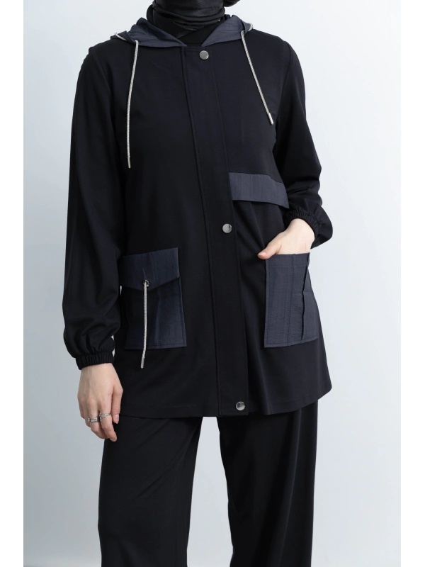 GARNİ KUMAŞLI ALLERLİ PANTOLON TAKIM - SİYAH