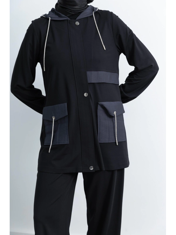 GARNİ KUMAŞLI ALLERLİ PANTOLON TAKIM - SİYAH