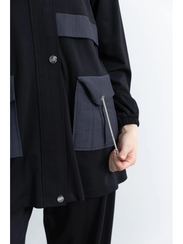 GARNİ KUMAŞLI ALLERLİ PANTOLON TAKIM - SİYAH