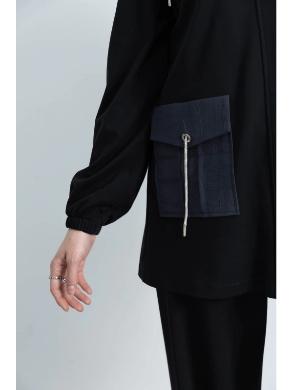 GARNİ KUMAŞLI ALLERLİ PANTOLON TAKIM - SİYAH