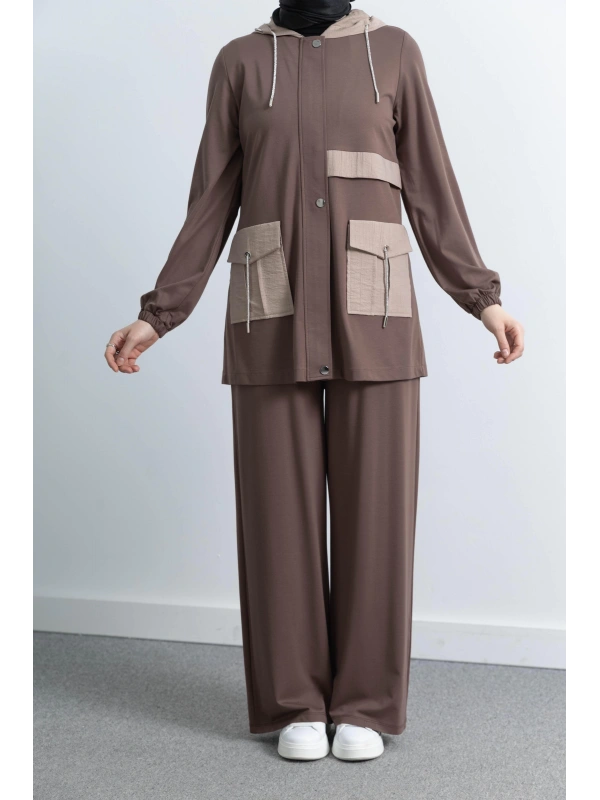GARNİ KUMAŞLI ALLERLİ PANTOLON TAKIM - KAHVE