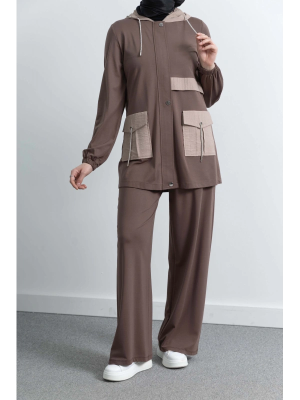 GARNİ KUMAŞLI ALLERLİ PANTOLON TAKIM - KAHVE